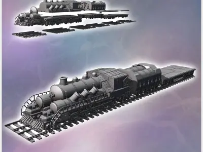 Steampunk train on double tracks with steam locomotive and trail 3D print model