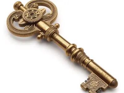 Stylized 3D Steampunk Mechanical Key Low-poly 3D model