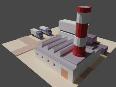 Industrial set factory with chimneys Low-poly 3D model