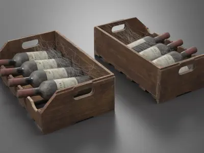 Vintage Bordeaux Wine in Old Wooden Case with Cobwebs 3D model