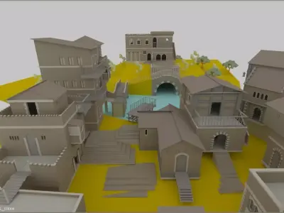 LOW POLY HISTORIC VILLAGE BESIDE RIVER Low-poly 3D model