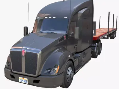 Kenworth T680 flatbed trailer Low-poly 3D model