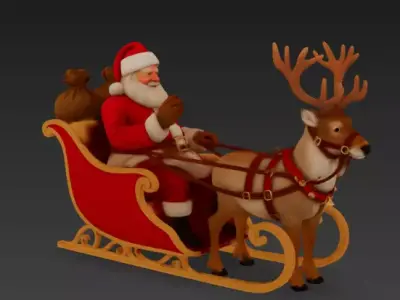 Realistic Santa Sleigh with Reindeer PBR Holiday Character Low-poly 3D model