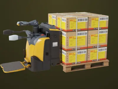Forklift 01 With Yellow Pallet Box All PBR Unity UE Textures Low-poly 3D model