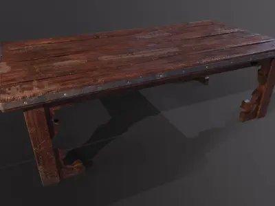 Old medieval Wear and Used Wooden Long Table  Low-poly 3D model