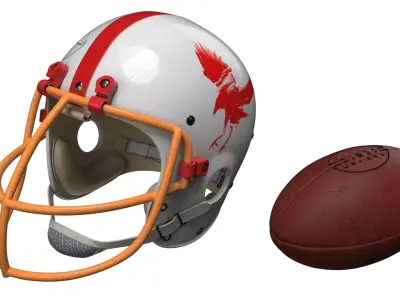 Retro Team Red Eagles Helmet with Logo and Football White On Grass Fur 3D model
