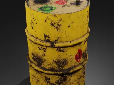 Metal barrel with elements of dirt rust and stickers Low-poly 3D model