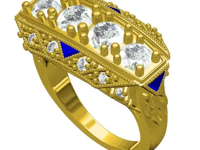 Four Diamond Antique Art Deco Style Ring 3D print model