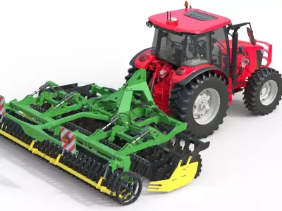 Farm Tractor and Trailed Disc harrow  Low-poly 3D model