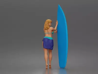 Surfer poses beside surfboard in ready for waves 3D print model
