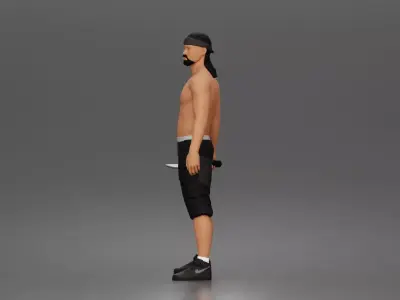 gangster stands holding knife wearing shorts sneakers headband 3D print model