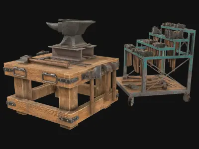 Anvil with Ironwork Tools and Rack 2 Low-poly 3D model