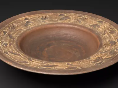 Wide Clay Plate with Floral Ornament Low-poly 3D model