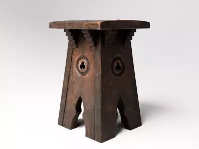Gothic Oak Stool Low-poly 3D model