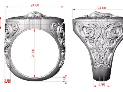 Royal Lion Head Signet Ring with Greek Key Pattern 3D print model