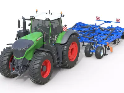 Fendt 1050 Vario Tractor with Star Wheel Soil Cultivator Low-poly 3D model