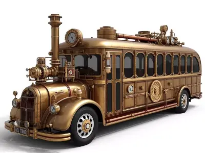 Stylized 3D Steampunk Vintage Passenger Bus Low-poly 3D model