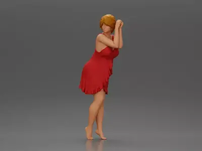 Barefoot woman in red nighty dress strikes graceful elegant pose 3D print model