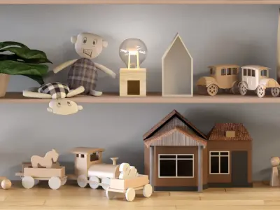 Toy set wooden shelf with toys 3D model