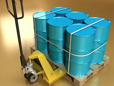 Pallet Jack with Cartons and Metal Drums 3D model