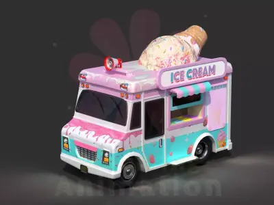 Low Poly Game Ready Ice-Cream Truck with PBR textures Low-poly 3D model