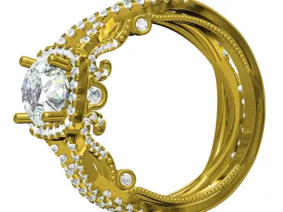 Antique Round Diamond Square Halo Twisted Shank Ring Set 3D print model