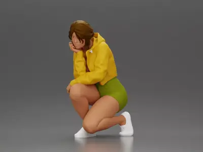 Performer crouching thoughtfully in jacket shorts white sneakers 3D print model