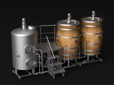 Microbrewery System Beer Fermentation Tank Wooden Barrel PBR 3D model