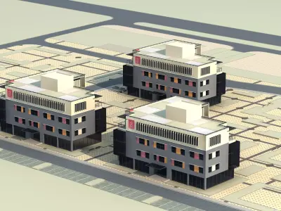 Architecture three buildings in middle of city 3D model