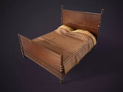 Vintage Wooden Bed Low-poly 3D model