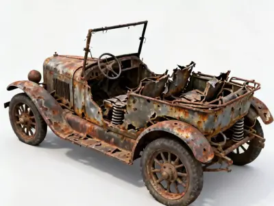 WWI Military Staff Car Wreckage 3D Model 3D Model Low-poly 3D model
