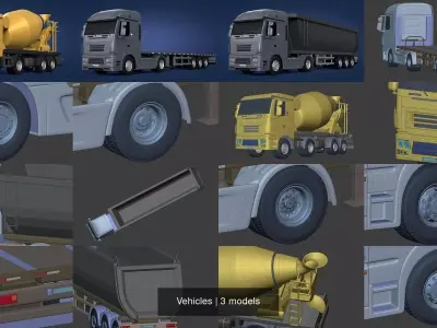 Generic Heavy trucks - Flatbed Trailer Cement Mixer Construction 3D Model Pack