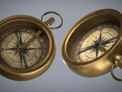 Game Ready Aged Antique Brass Compass -  Low-poly 3D model