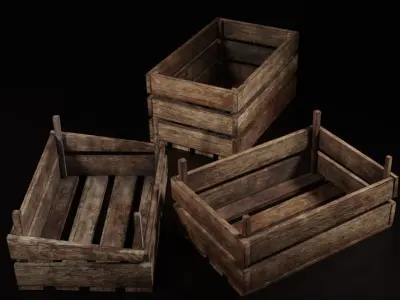 Set of three 3 wooden storage boxes Crate Low-poly  Low-poly 3D model