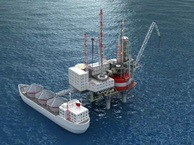 Offshore oil rig drilling platform and tanker 3D model