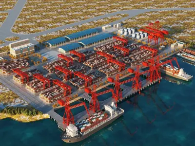 Industrial Cargo Port And Container Terminal Complete Scene 3D model