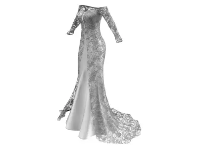 Off Shoulder Lacey Long Bridal Gown Dress Low-poly 3D model