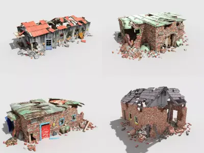 4 low poly destroyed buildings pack 1 Low-poly 3D model