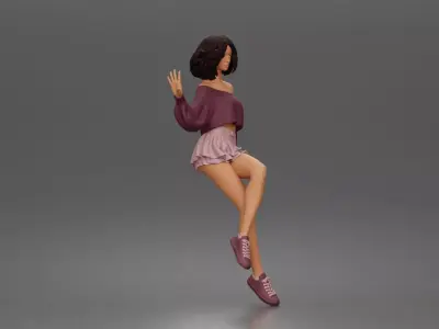 Stylish girl sitting gracefully in relaxed offshoulder top skirt 3D print model