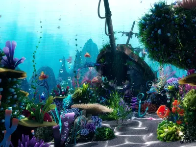 Cartoon Underwater Scene Rigged Animated Maya 3D model