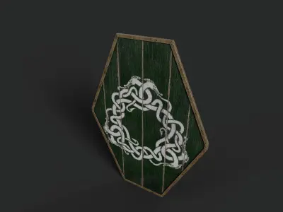 Slavic diamond-shaped shield painted green with uroboros symbol Low-poly 3D model