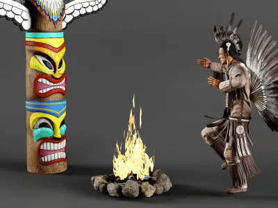  Native American Indian and Totem with Campfire 