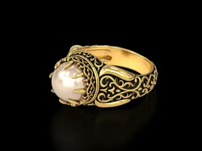Antique Floral Carving Signet Pearl Ring 3D print model