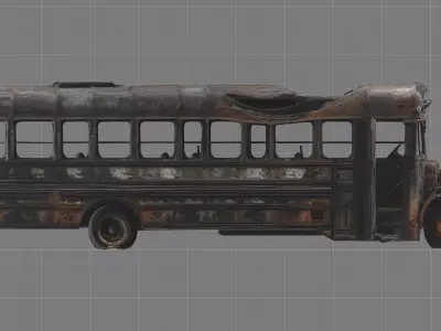 Burned School Bus Post-Apocalyptic Abandoned Vehicle PBR Free low-poly 3D model