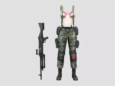 Female Casual Military Combat Outfit Top Pants Boots Gun Low-poly 3D model