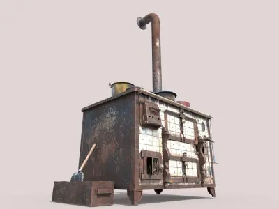 Old Stove With Pots 3D model