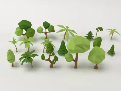 Low poly Trees Flowers Grass Rocks Clouds and Mountains 3D model