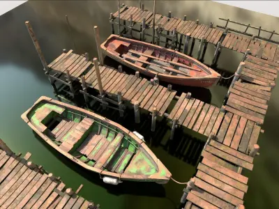 Wooden Pier With Fishing Boats 3D model