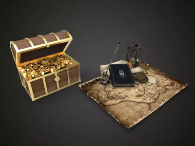 Treasure pirate chest on map Low-poly 3D model