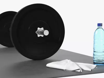 Home Gym EZ Barbell Set with Mat Speaker Towel and Water Bottle 3D model